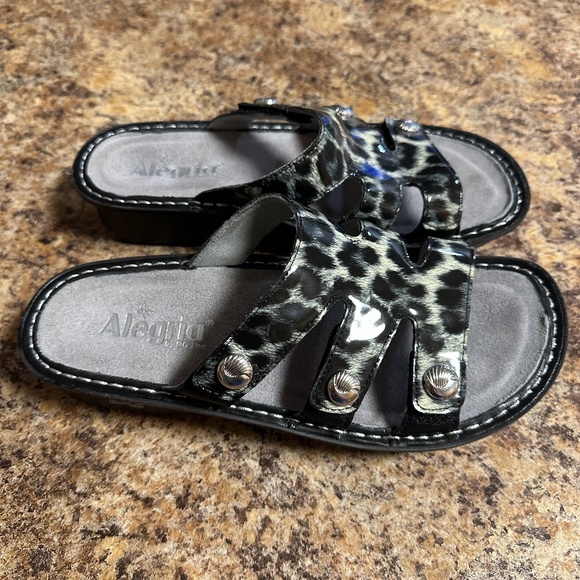 Alegria Black and Gray Leopard Print Sandals - Picture 2 of 8
